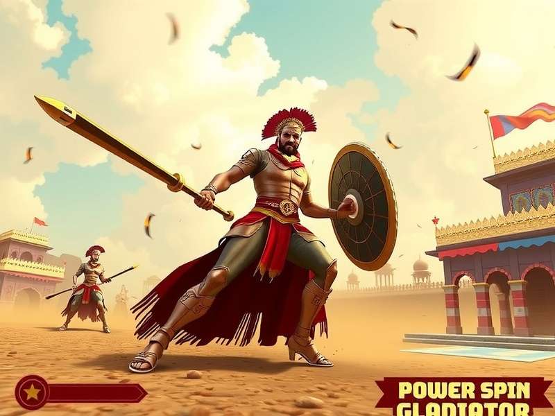 Power Spin Gladiator Combat Screenshot Power Spin Gladiator Gameplay showing a Rajput gladiator using spin attacks